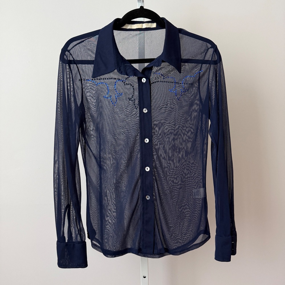 Ivory Whimsigoth Y2K Office Siren Western Sheer Beaded Mesh Blouse Large Navy